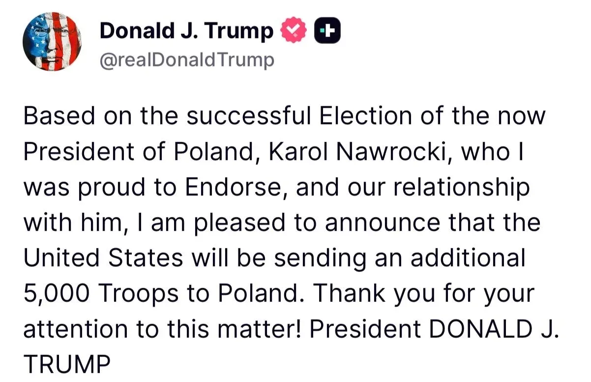 Дональд Трамп заявил, что США направят в Польшу дополнительные 5000 военнослужащих  «Основываясь на 