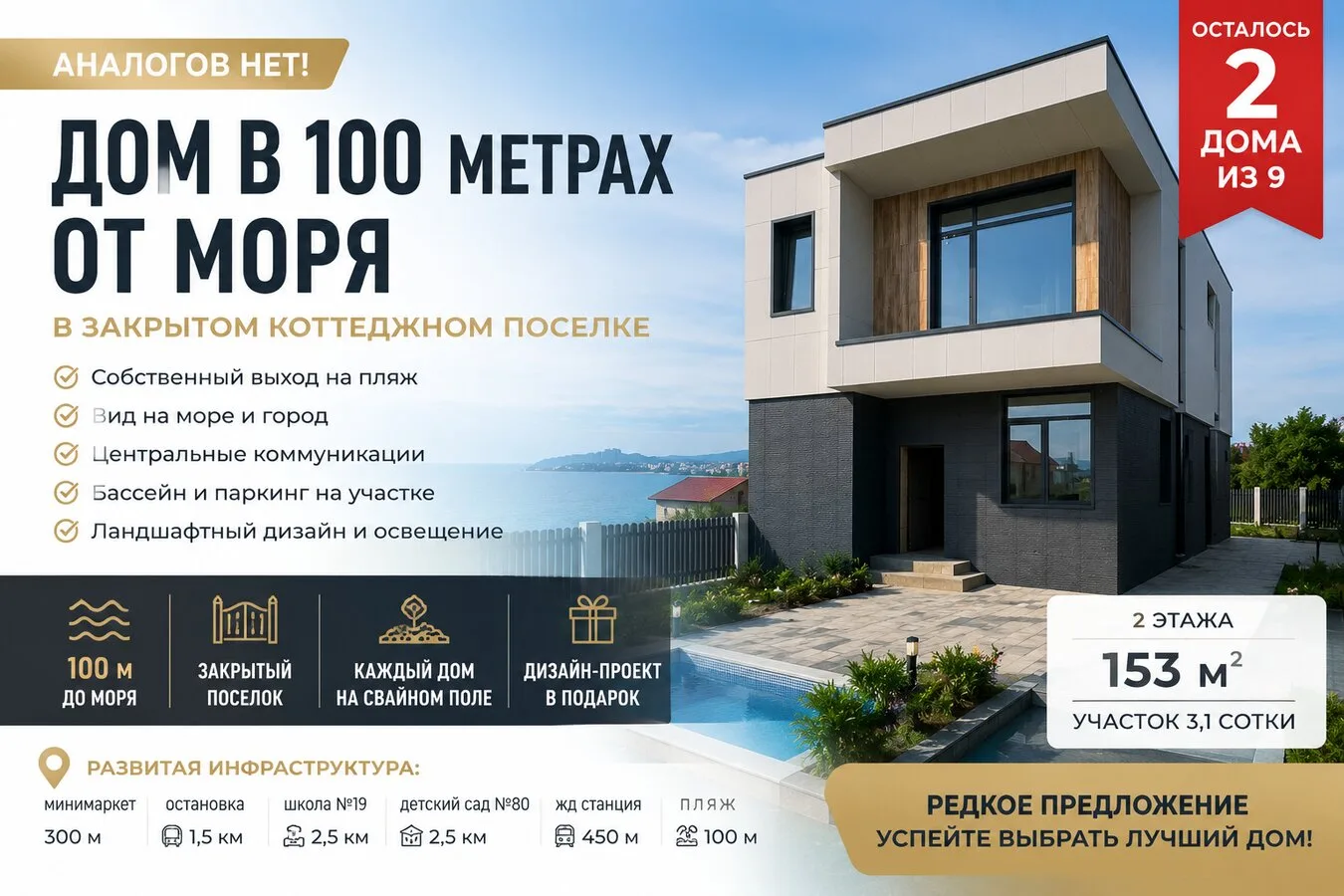 Дом в 100 м от моря в закрытом коттеджном поселке
