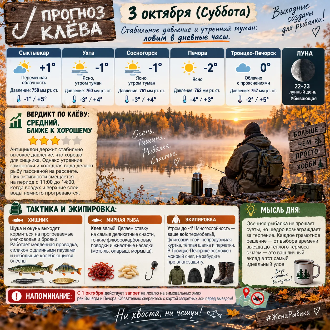🎣 ПРОГНОЗ КЛЁВА: 3 октября (Суббота)