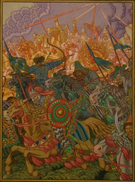 Куликовская битва, иллюстрация к былине "Изгнание хана Батыги", И. Билибин, 1941 г., бумага на карто