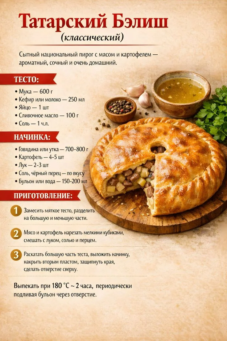 Татарский бэлиш (классический) — пирог с мясом и картофелем 🥧🍖