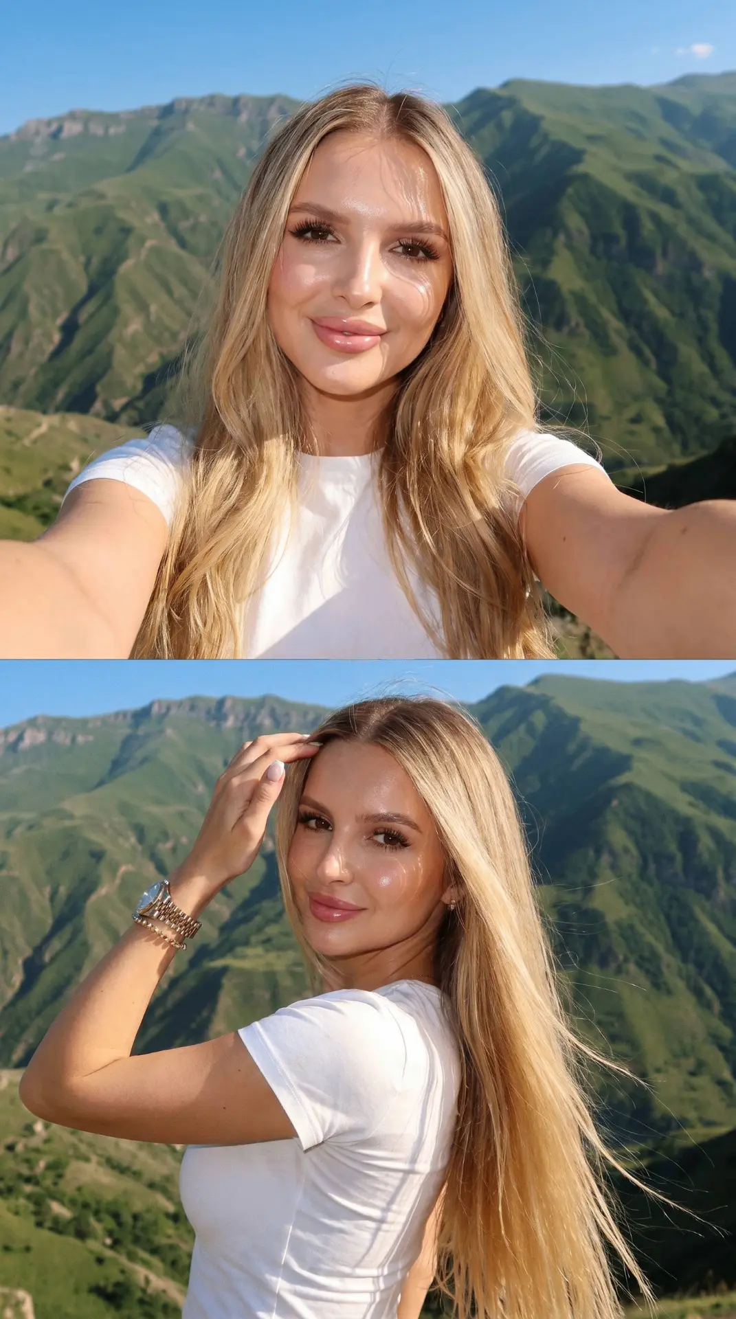 Не меняя внешности женщины с фото, создать ultra realistic cinematic collage из двух кадров в вертик