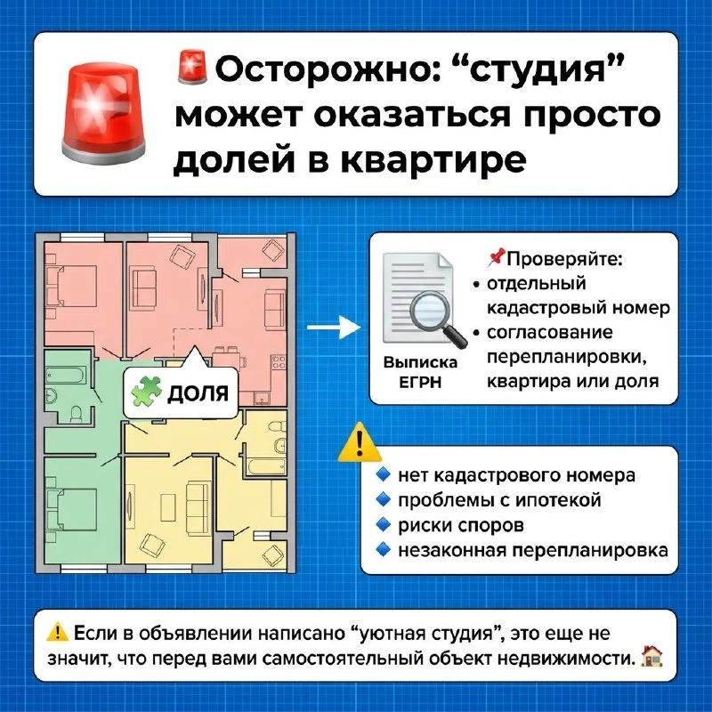 🚨 Осторожно: “студия” может оказаться просто долей в квартире