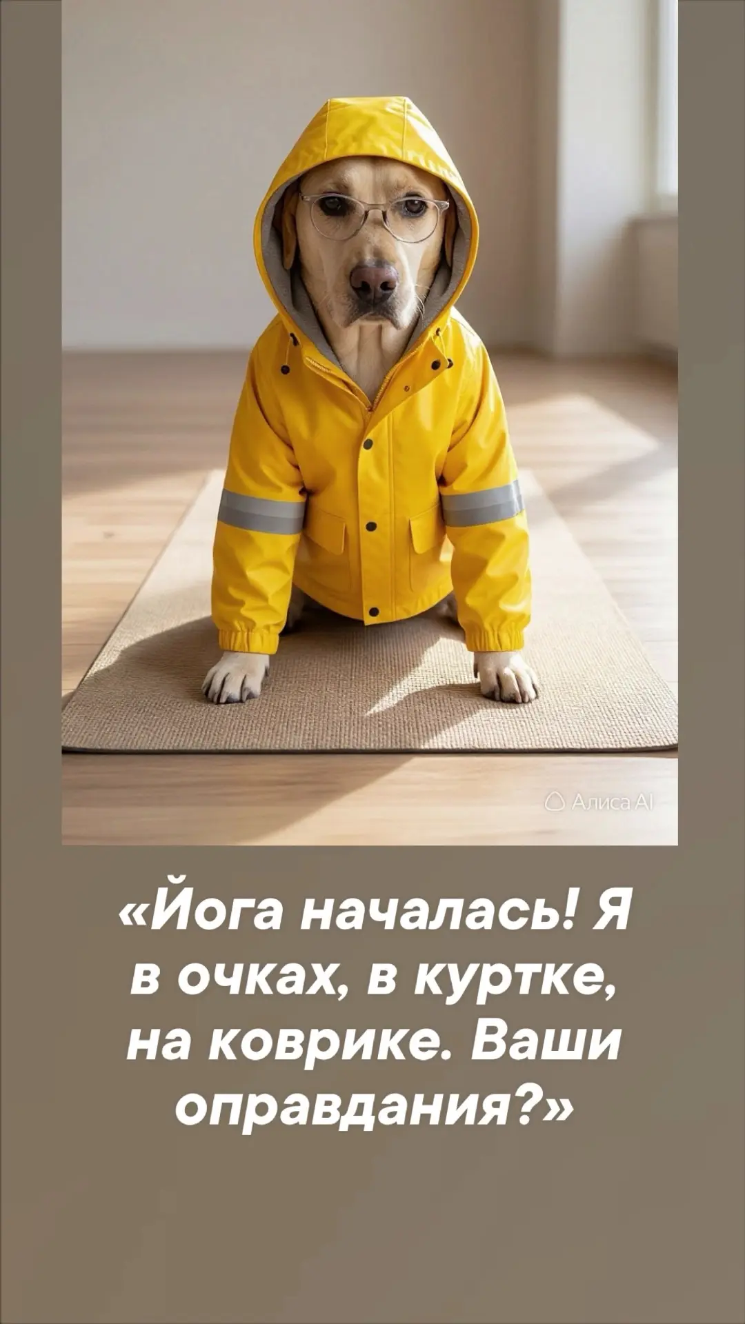 Даже мой пёс в очках и куртке уже на коврике. А вы почему ещё не на йоге? 🐶🧘‍♀️