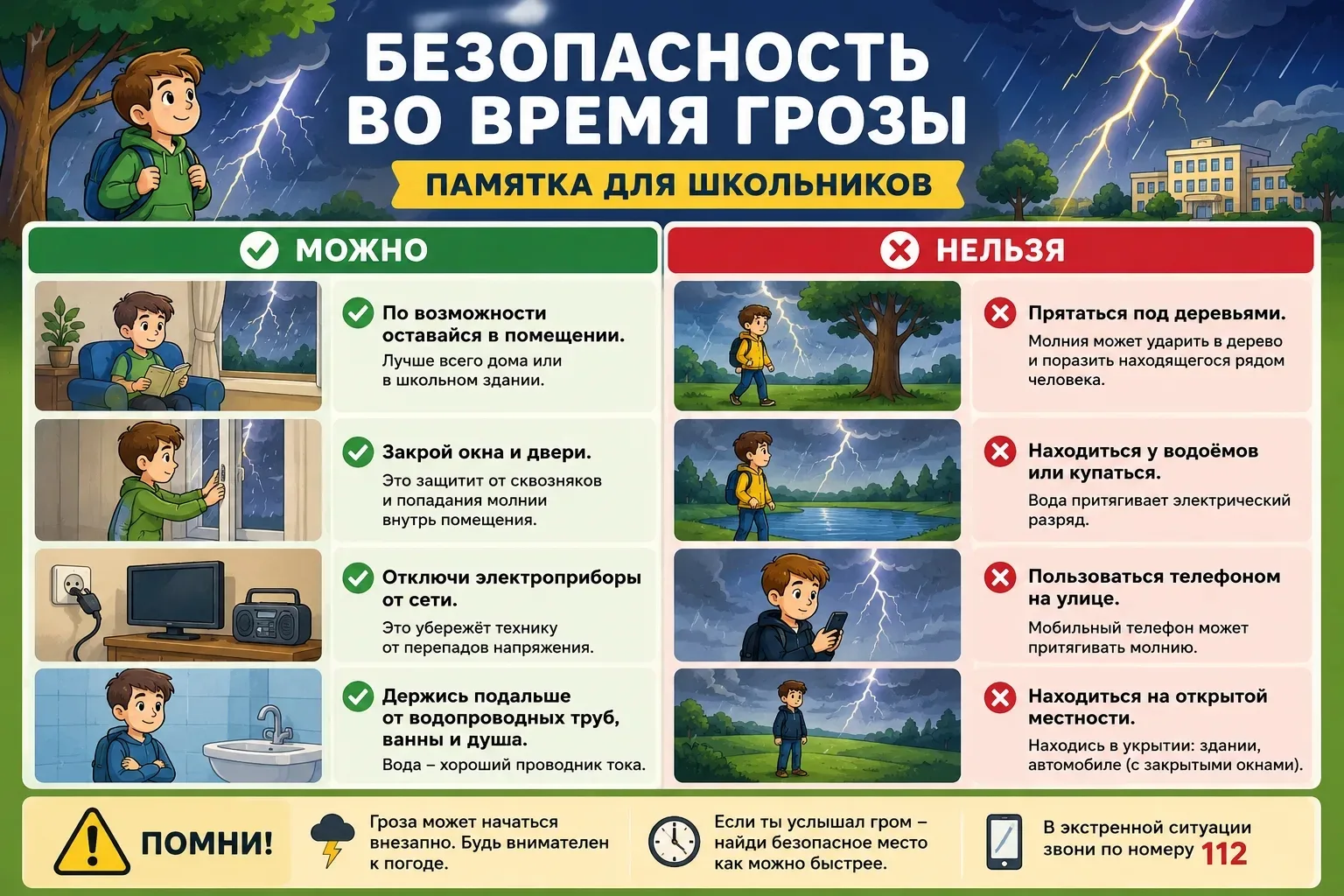 Безопасность во время грозы: памятка для школьников

* Следите за погодой. Перед выходом из дома все
