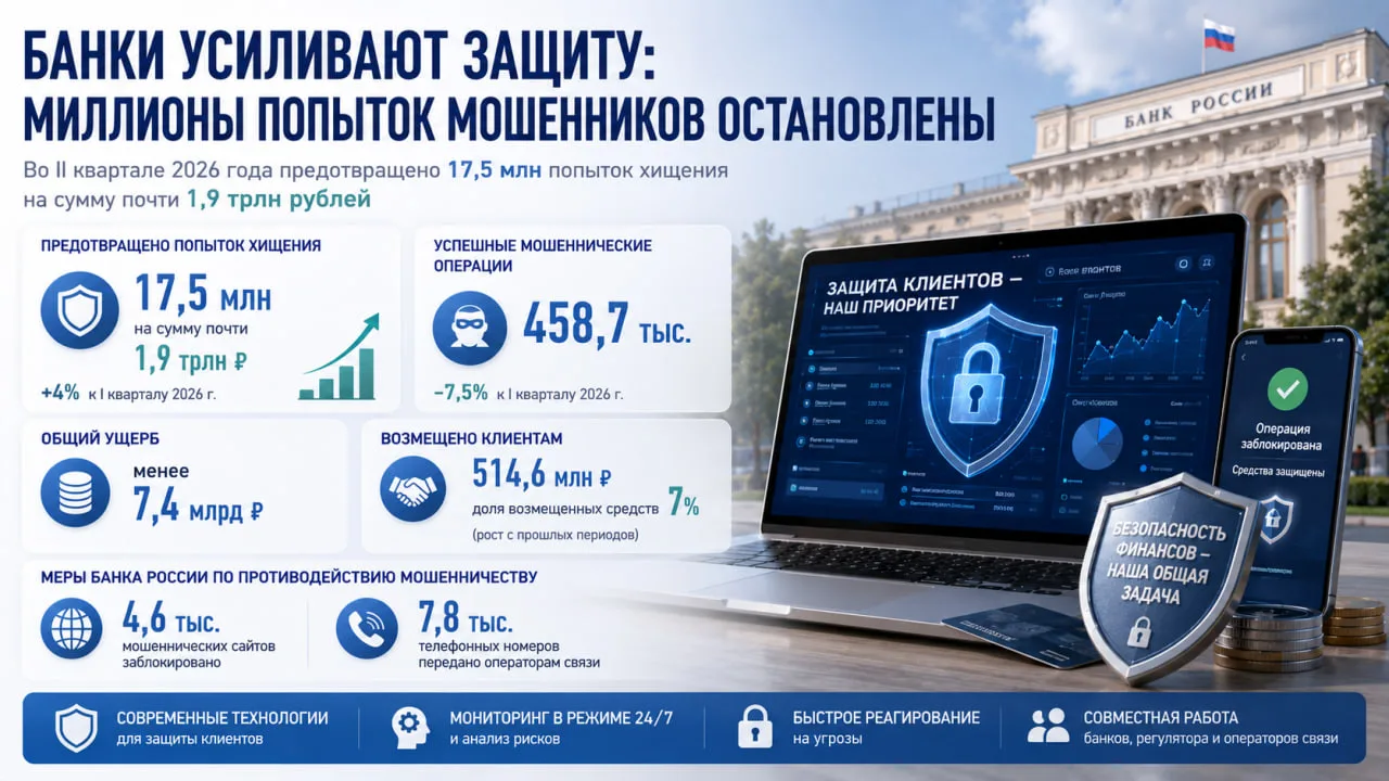 Российские банки во втором квартале предотвратили 17,5 млн попыток хищения клиентских средств на общ
