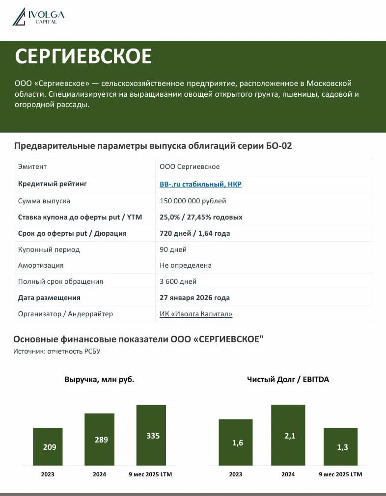 🌾 В среду, 17 июня, состоится размещение нового выпуска облигаций ООО "Сергиевское"

🌾 Основные пр