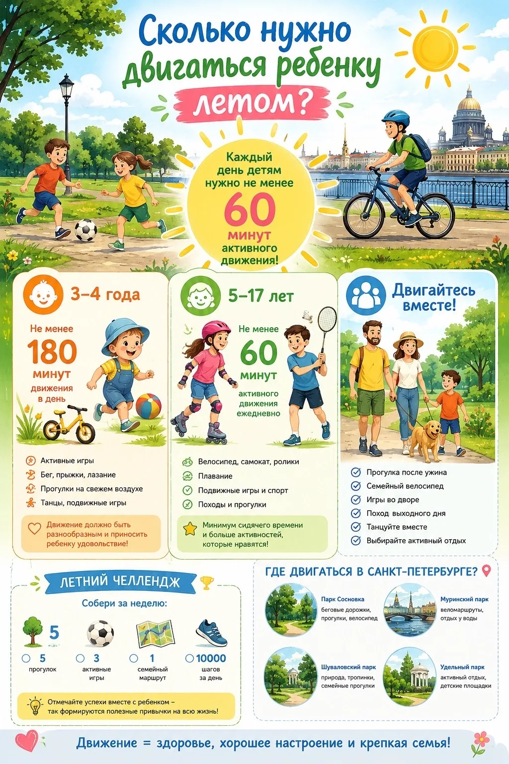 🚶‍♀️☀️ Летние прогулки: сколько нужно двигаться ребенку?
Лето — лучшее время для движения! Велосипе