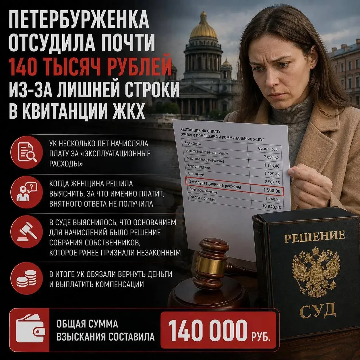 👩‍⚖️ Жительница Санкт-Петербурга успешно отсудила у управляющей компании почти 140 тысяч рублей из-