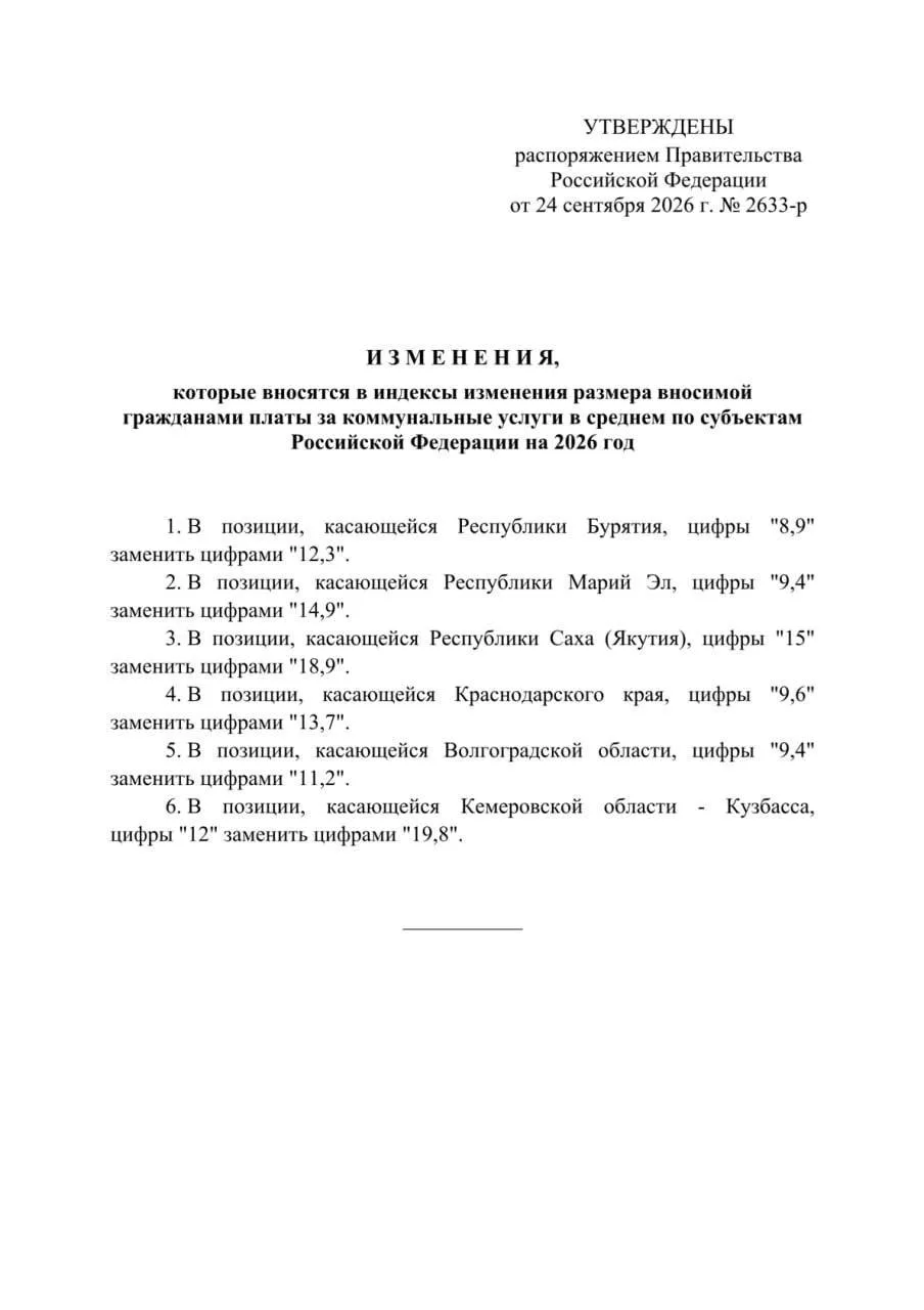 Правительство увеличило ранее утверждённые на 2026 год индексы роста платы за ЖКХ в шес...