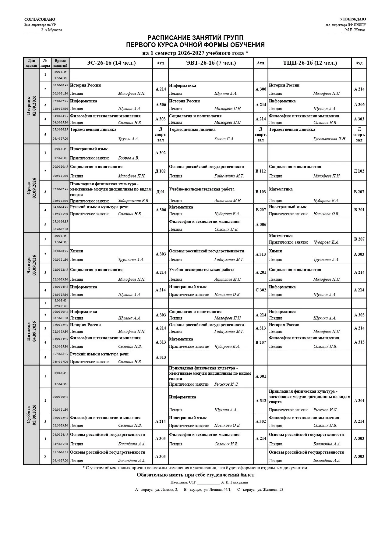 Расписание очных групп ВО на период с 01.09.2026 по 06.09.2026 г.