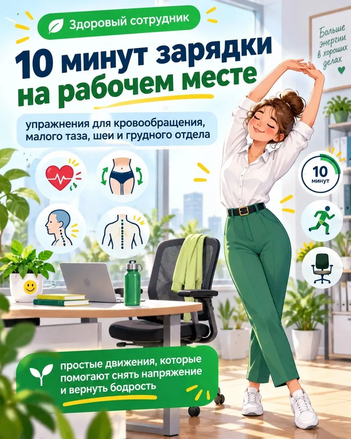 Здоровый сотрудник: 10 минут зарядки на рабочем месте 🌿