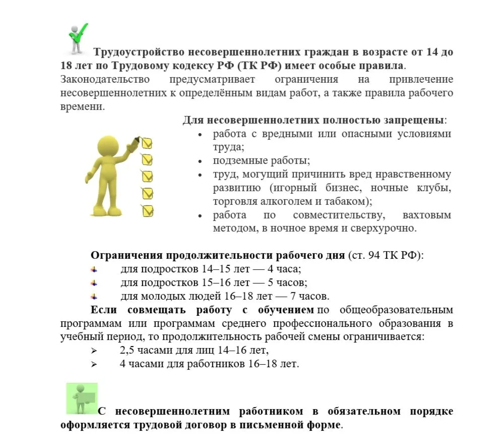 Трудоустройство несовершеннолетних граждан в возрасте от 14 до 18 лет по Трудовому коде...
