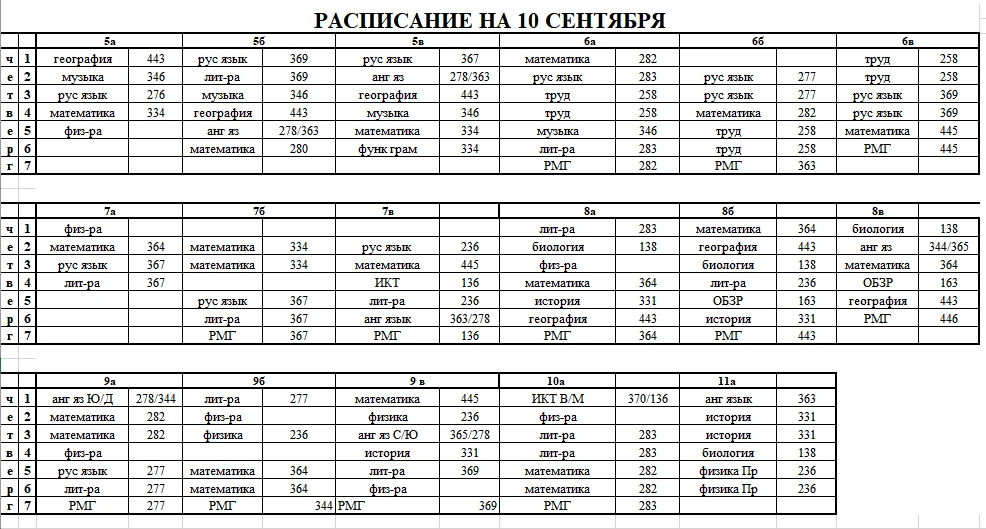 Расписание на 10 сентября