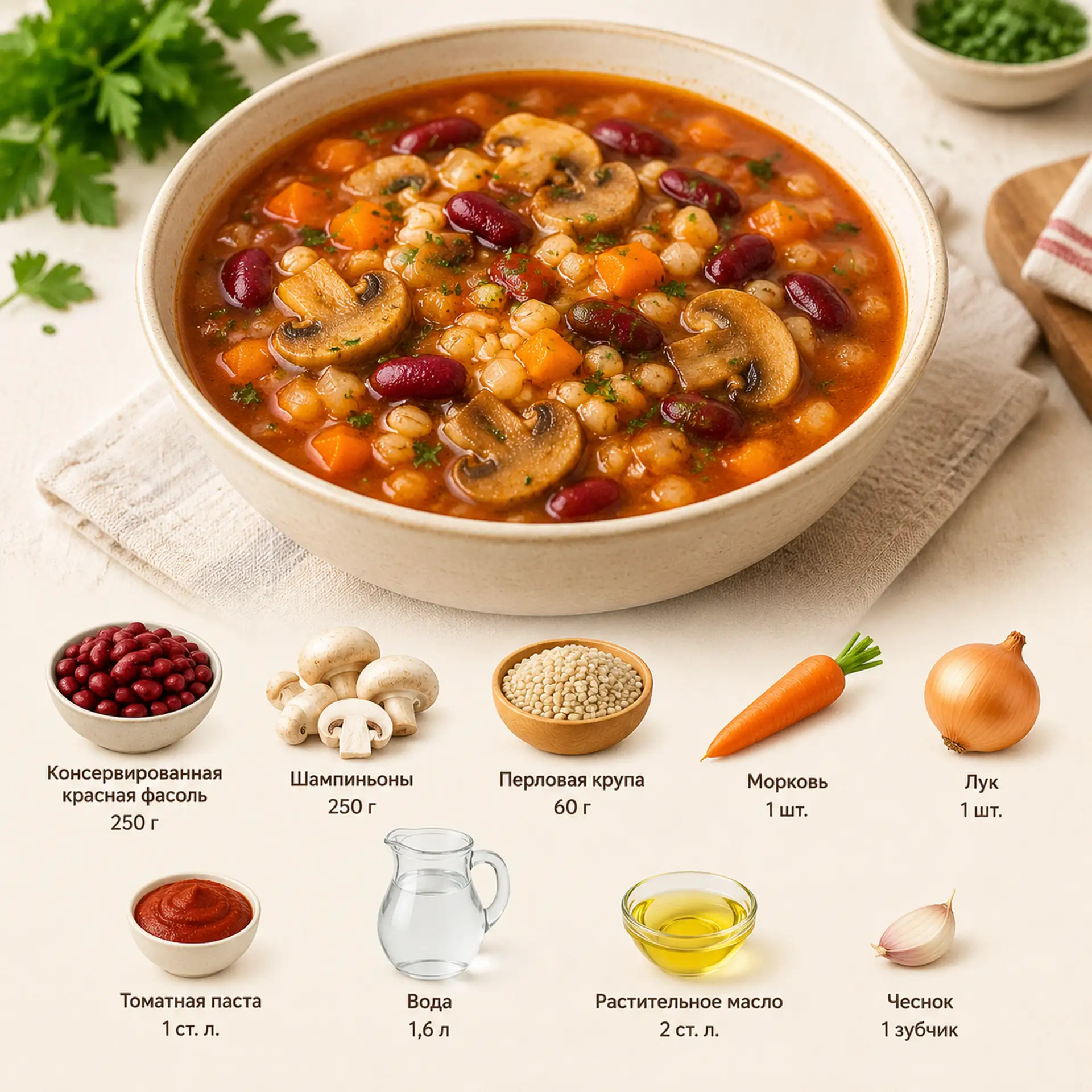 Густой суп с фасолью, грибами и перловкой 🤤