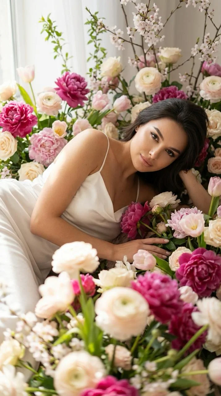 🌸 3 промта для нейрофотосессии среди цветов  Хочешь фото как из глянцевого журнала — в окруже нии пи