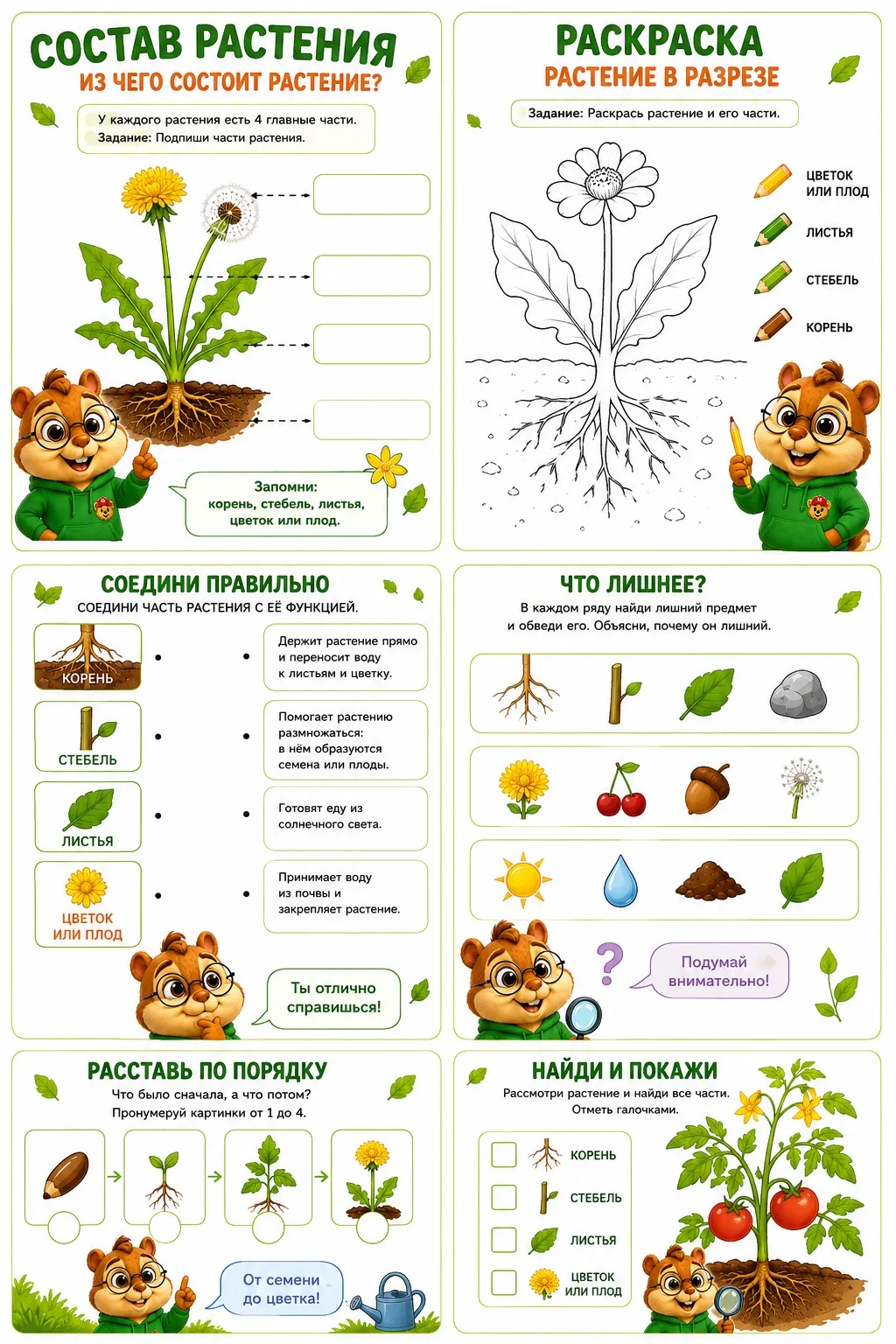 🌱 Из чего состоит растение?

Вместе с Колянчиком ребёнок вспомнит корень, стебель, листья, цветок и