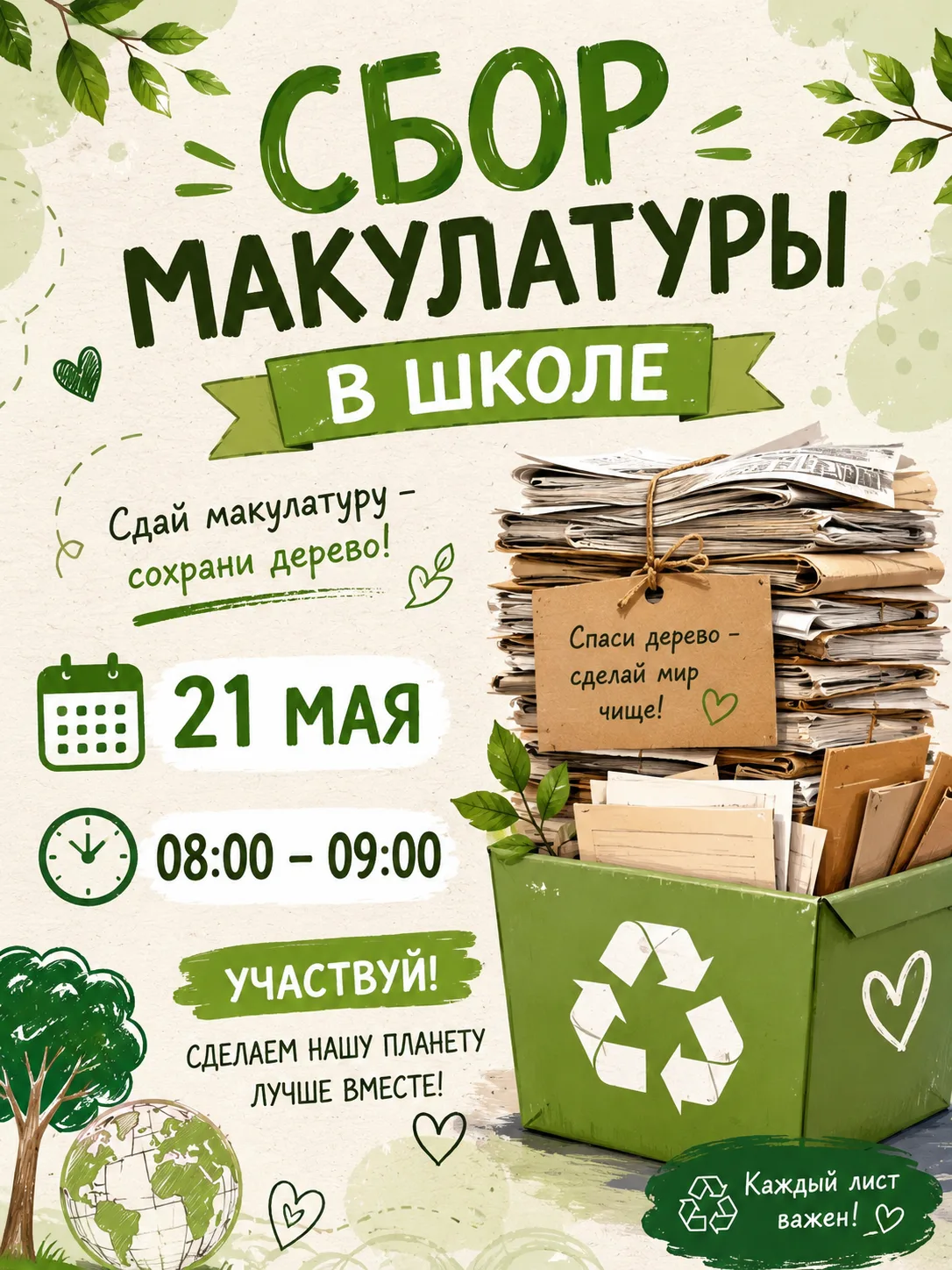 В четверг 21 мая с 08:00 до 09:00  пройдет заключительный этап сбора макулатуры 2025-2026 уч.г.