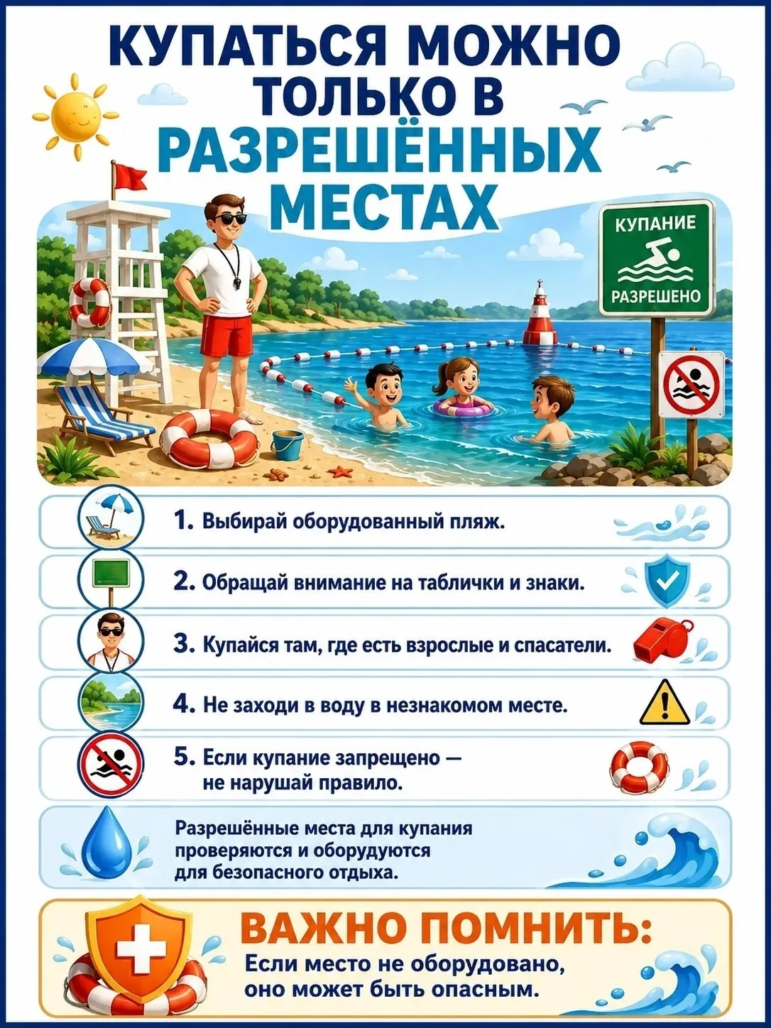 🌊 Безопасность на воде начинается с соблюдения простых правил!

Лето — это время отдыха, солнца и к