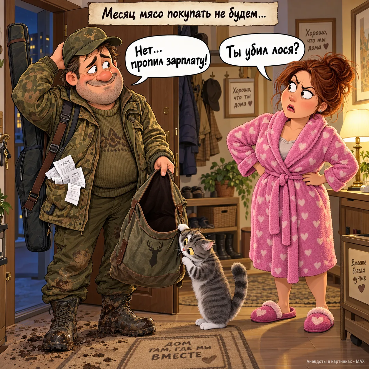 Муж возвращается с охоты…