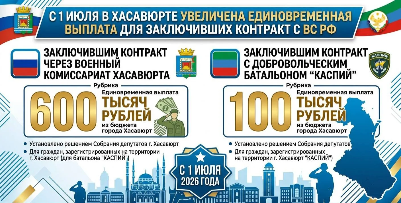 📢 С 1 июля увеличены единовременные выплаты контрактникам в Хасавюрте