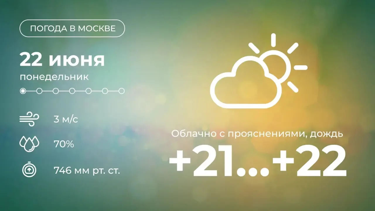 🌧 Сегодня в Москве будет облачно, в течение дня ожидается дождь. Температура воздуха поднимется до 