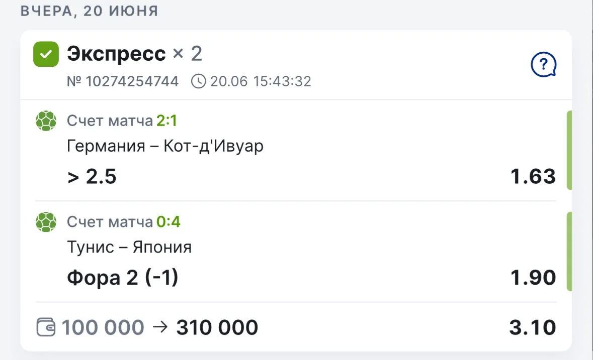 🎆 Всех с победой!

✅ Фиксируем заход по экспрессу с 3.10 КФ. 

Оба матча сыграли уверенно. 2:1 в ма