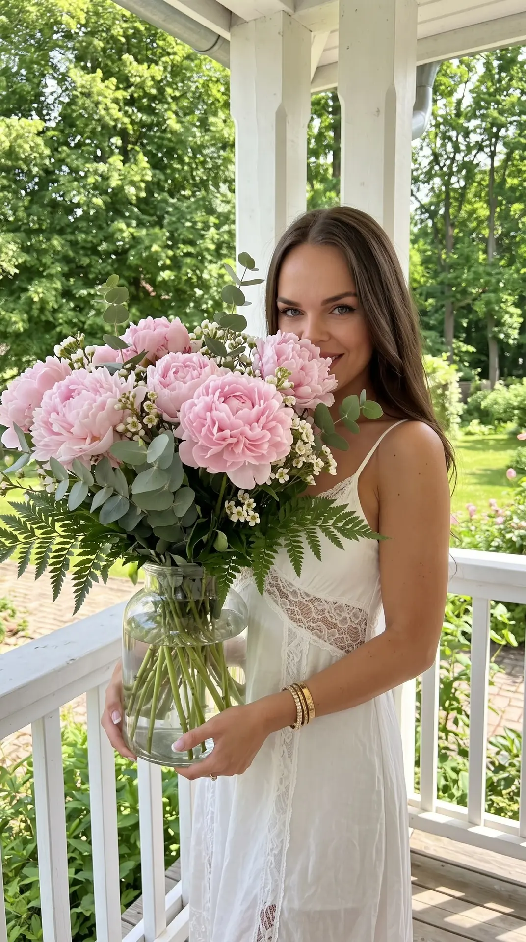 Фотореалистичная lifestyle-фотография молодой женщины на светлой загородной веранде. Она стоит вполо
