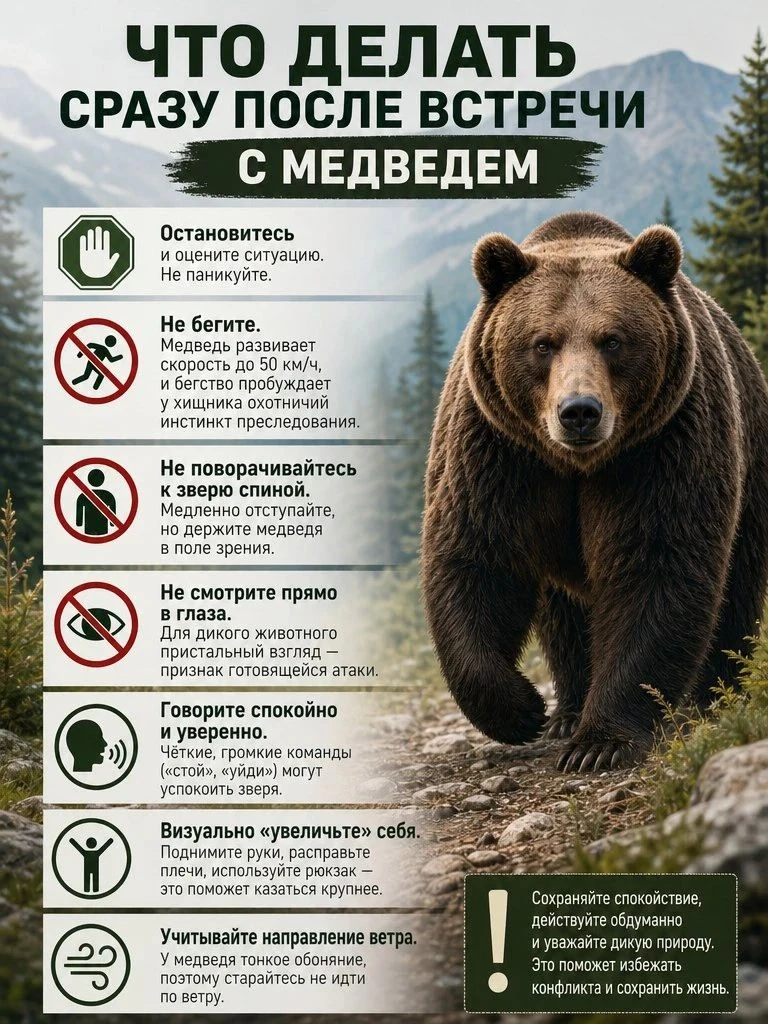 При встрече с медведем главное — сохранять спокойствие и действовать обдуманно.
