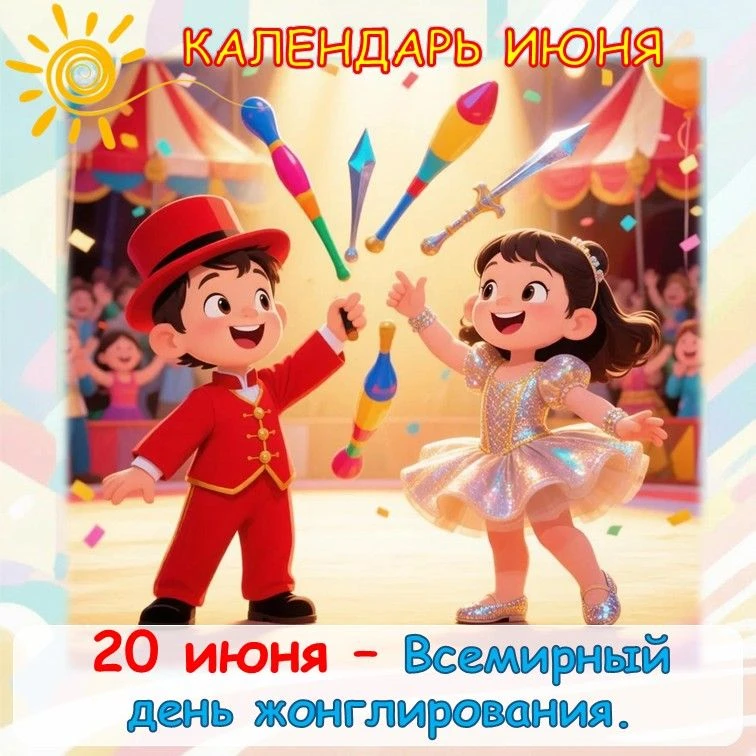 Календарь июня 🌞 
20 июня – Всемирный день жонглирования ✨🎪 
Необычный и очень зрелищный праздник.