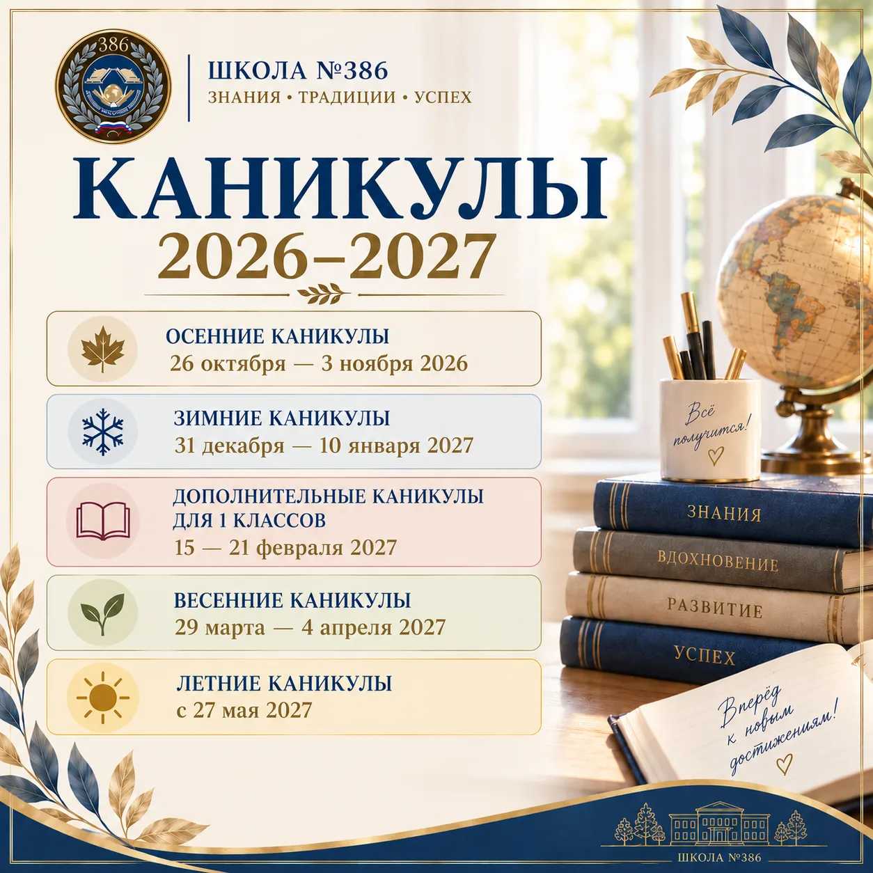 📚 Даты школьных каникул в 2026–2027 учебном году