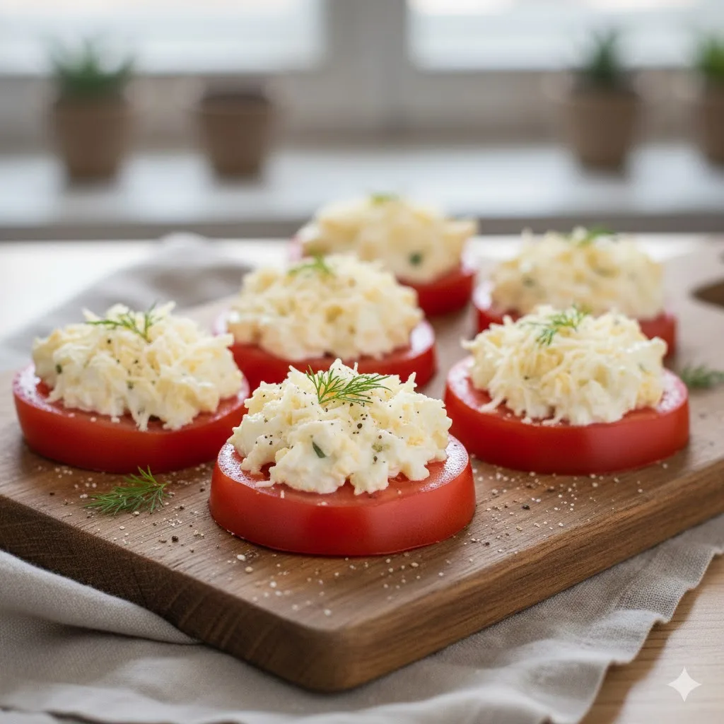 🍅 Закуска «Помидоры под шубкой» 🍅 
⏱ 10 минут | 85 ккал(100 г)

🛒 Что нужно: 
🍅 Помидоры — 3 шт.