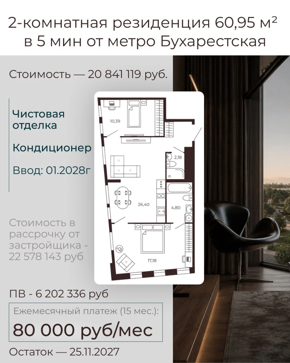 Двухкомнатная резиденция с платежом 80 000 ₽/мес.
