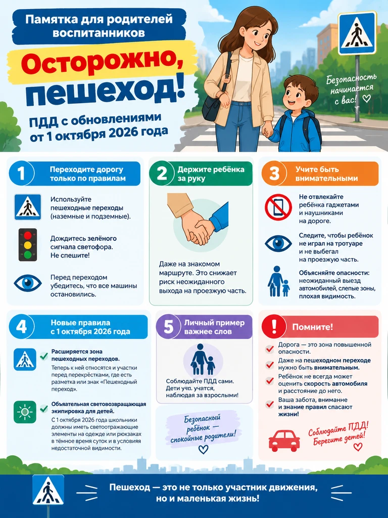 Памятка "Осторожно, пешеход!" С обновлениями с 1 октября 2026 года.