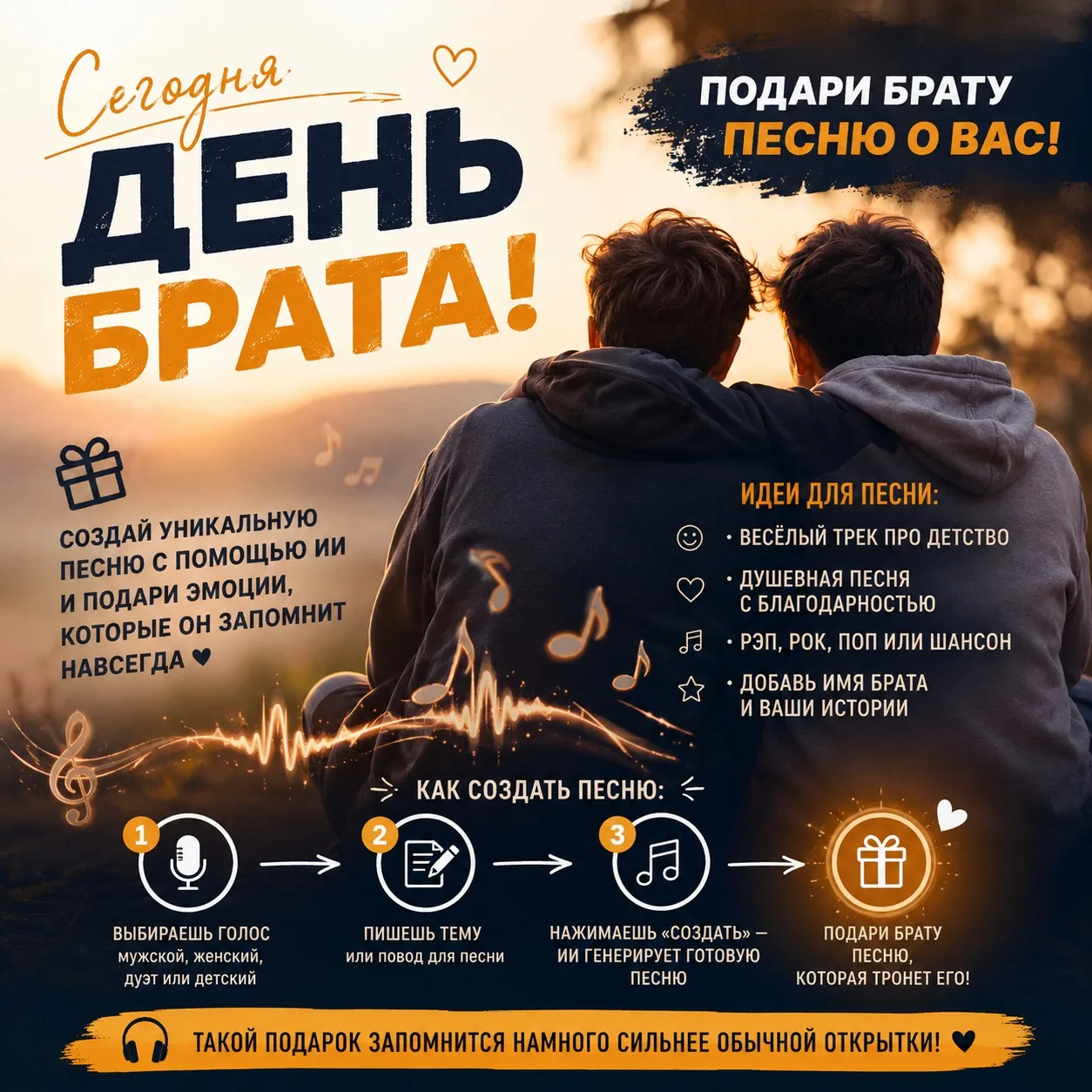 🎁 Сегодня отличный повод сделать необычный подарок брату — персональную песню, созданн...