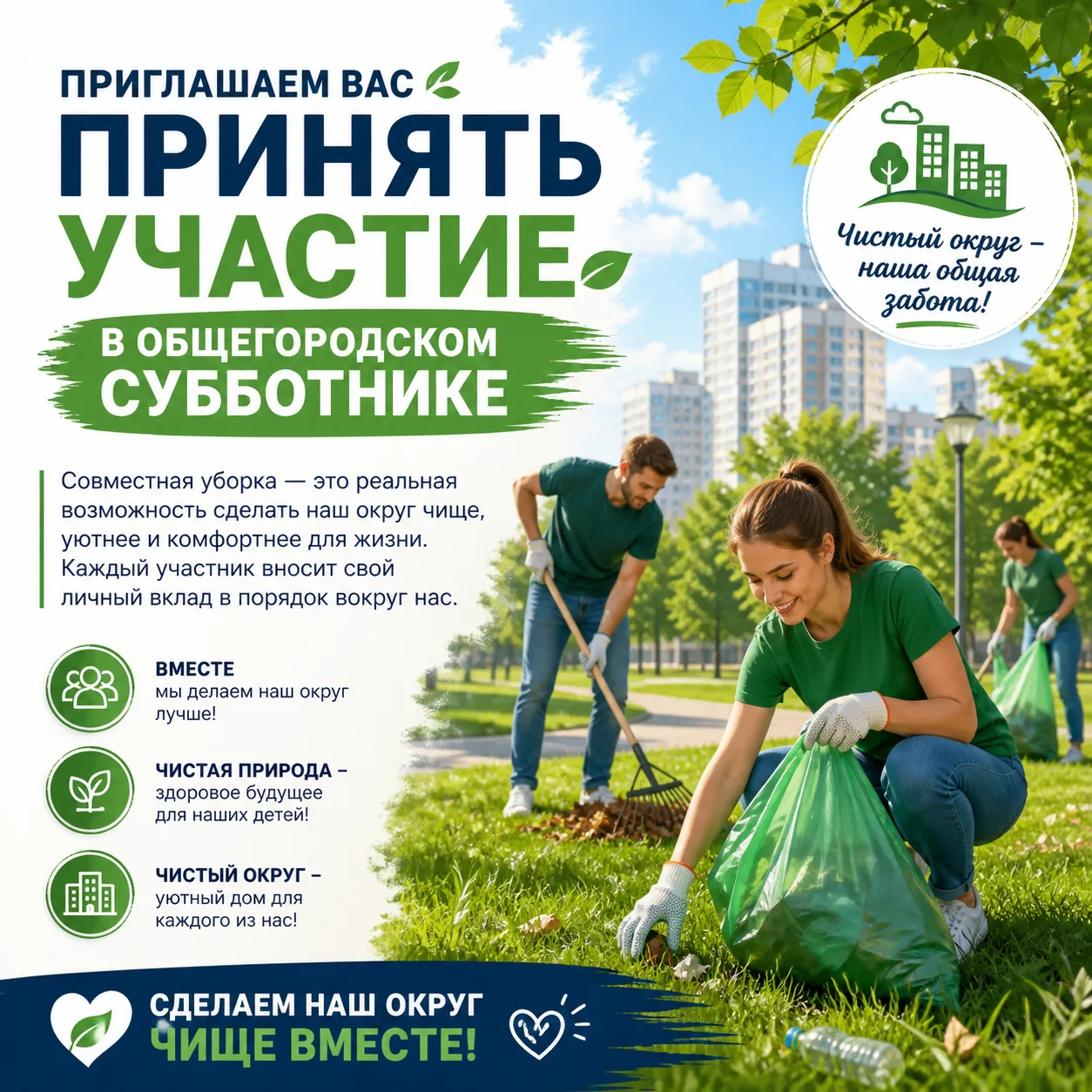 28 августа в 13:00, в нашем округе пройдет большой субботник.