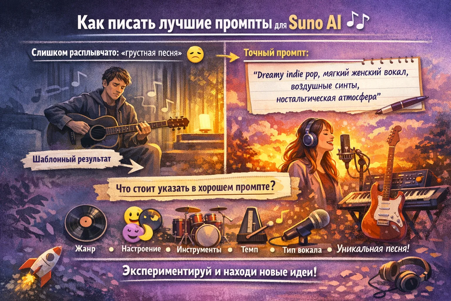 Как писать лучшие промпты для Suno AI 🎶

Suno AI превращает текстовые запросы в полноценные песни, 