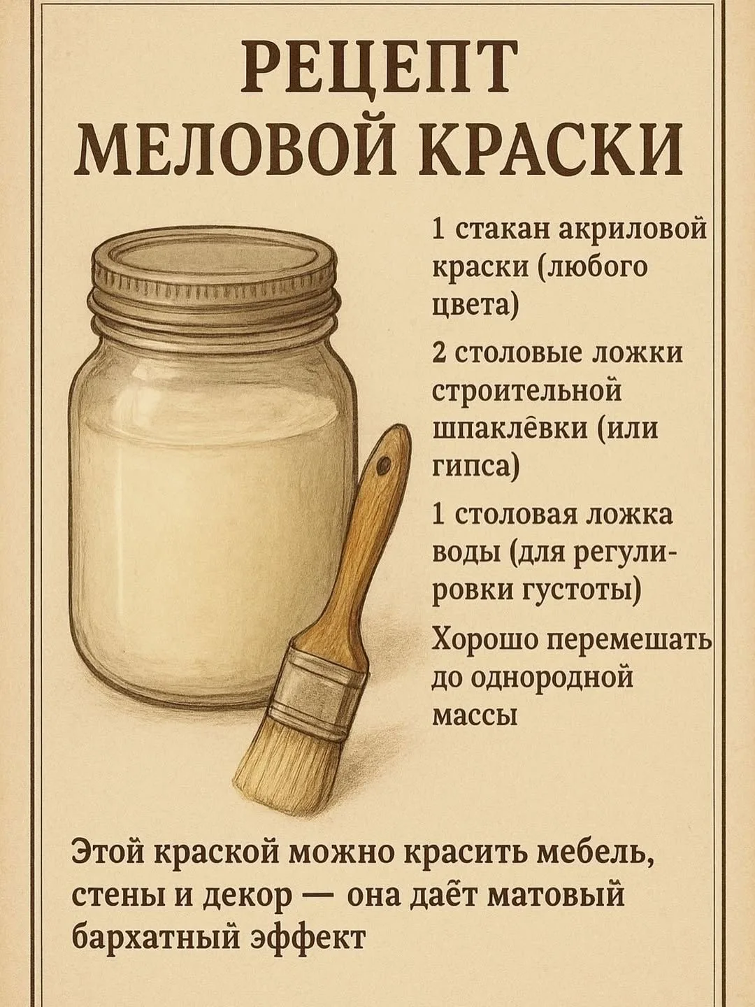 🎨 Меловая краска своими руками

Хотите обновить мебель или декор без больших затрат?
Вот простой ре