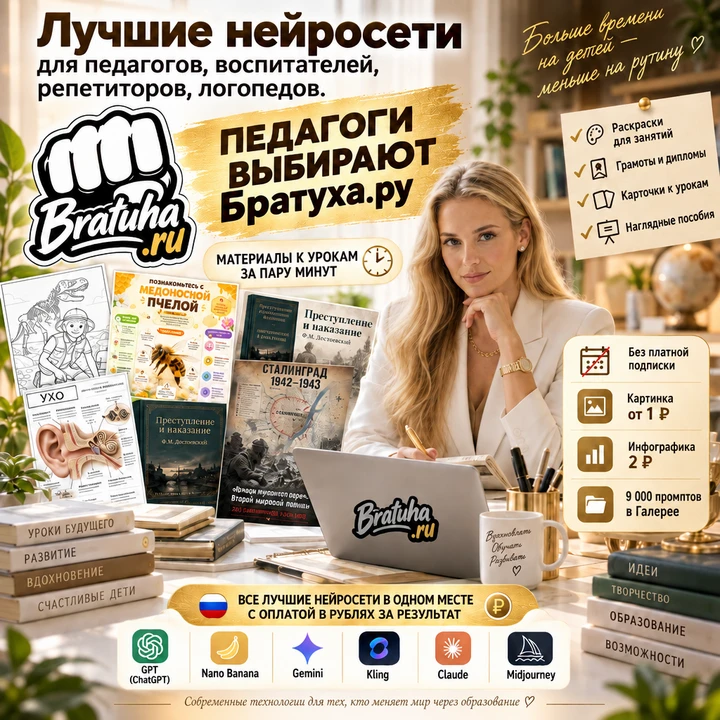 Педагоги выбирают bratuha.ru - 250 нейросетей для генерации видео, изображений и музыки...