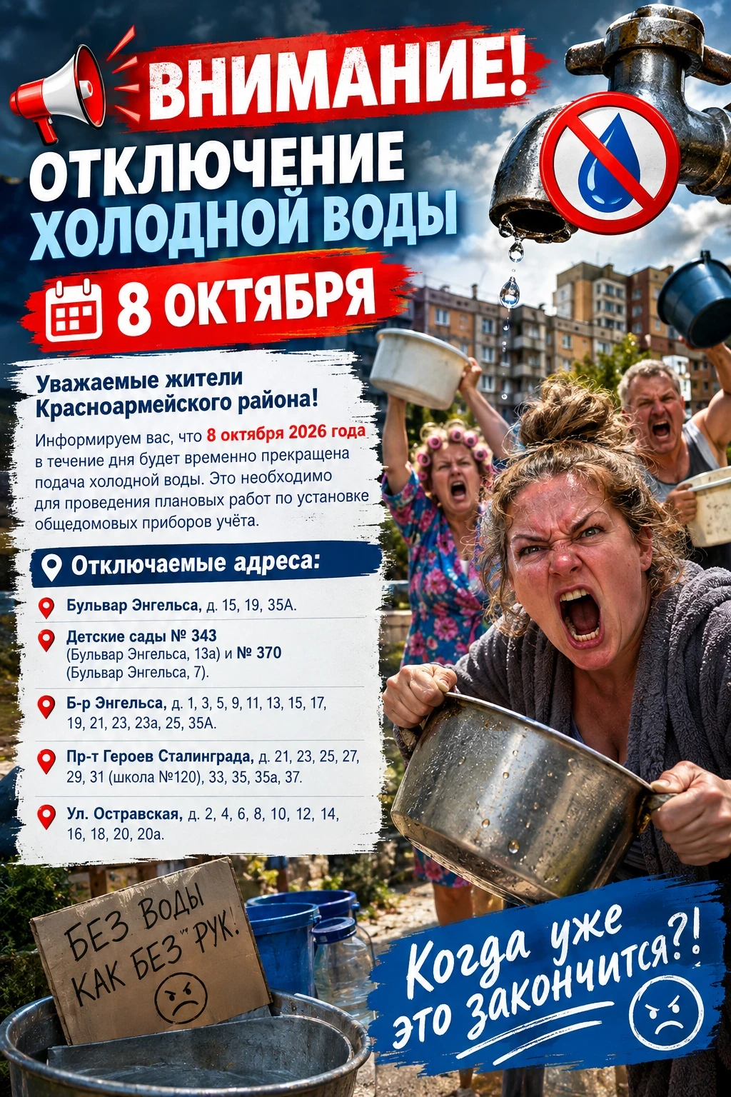 8 октября в Красноармейском районе отключат воду
