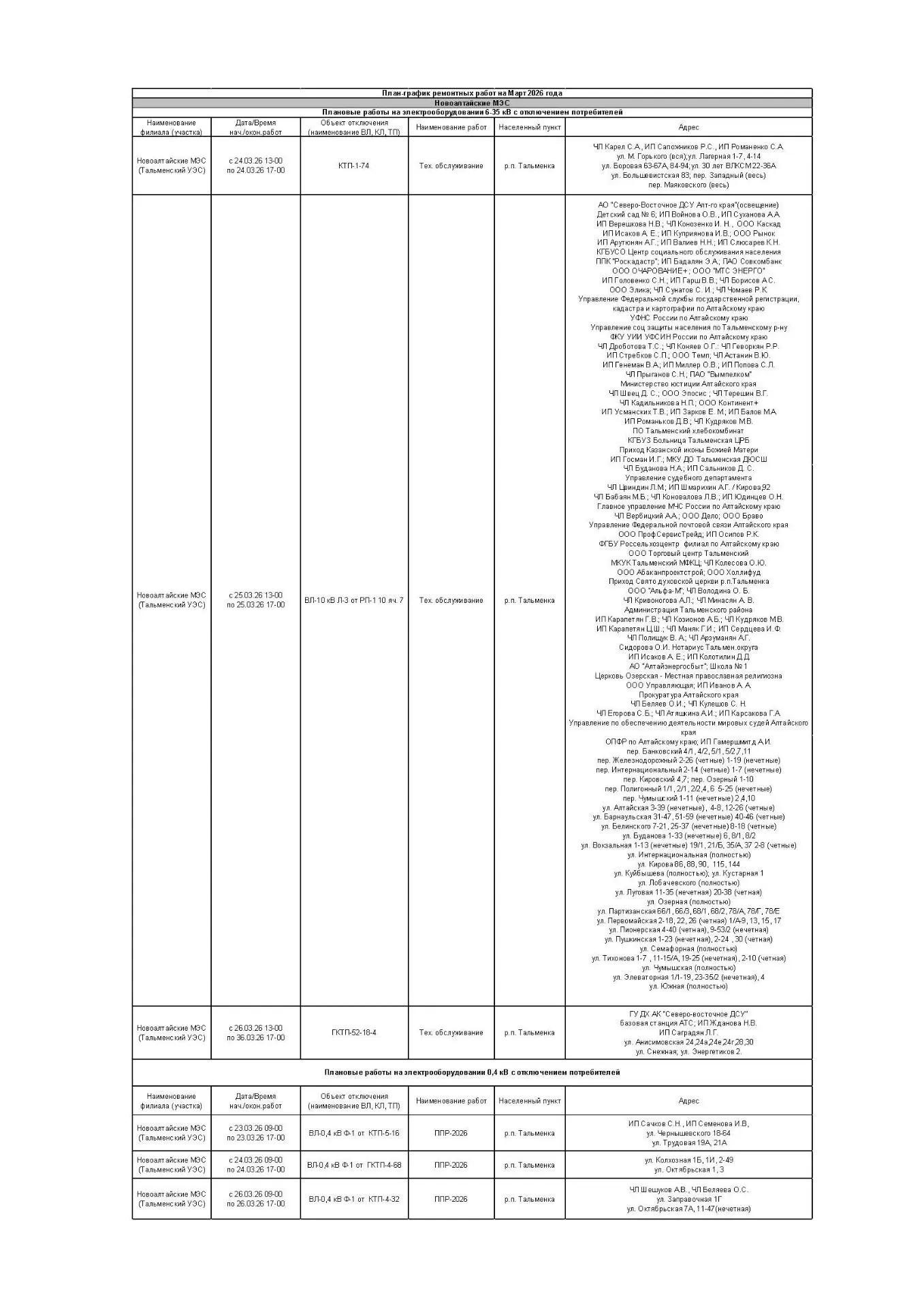 План-график ремонтных работ 24 марта по 26 марта 2026 года