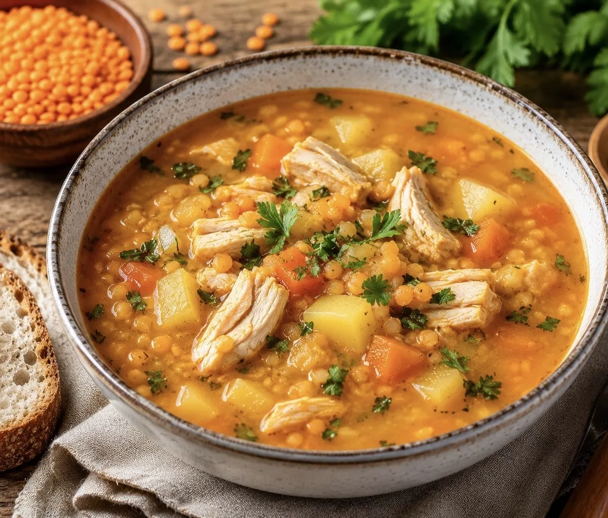 Чечевичный суп с курицей 🍲

Сытный, ароматный и очень простой в приготовлении суп. Красная чечевица