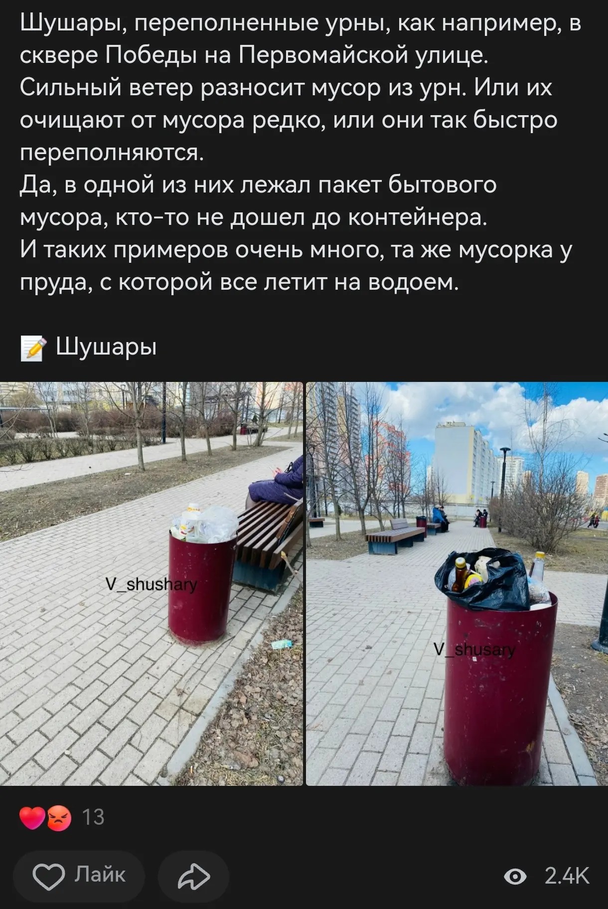 ❗️В соцсетях жаловались на мусор и переполненные урны в Сквере Победы в Шушарах