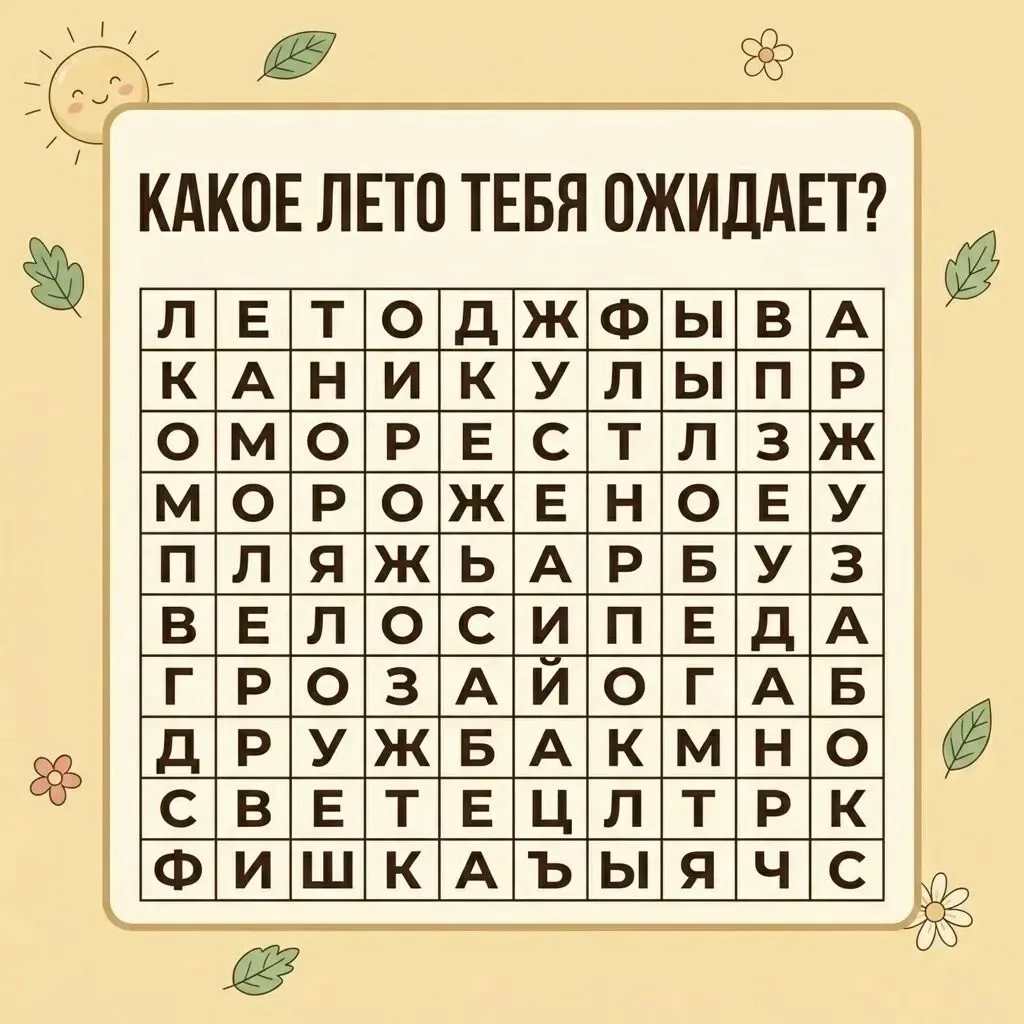 Какое лето тебя ожидает?☀️

Внутри карточки спрятаны 10 летних слов. Среди них — то, что делает ка