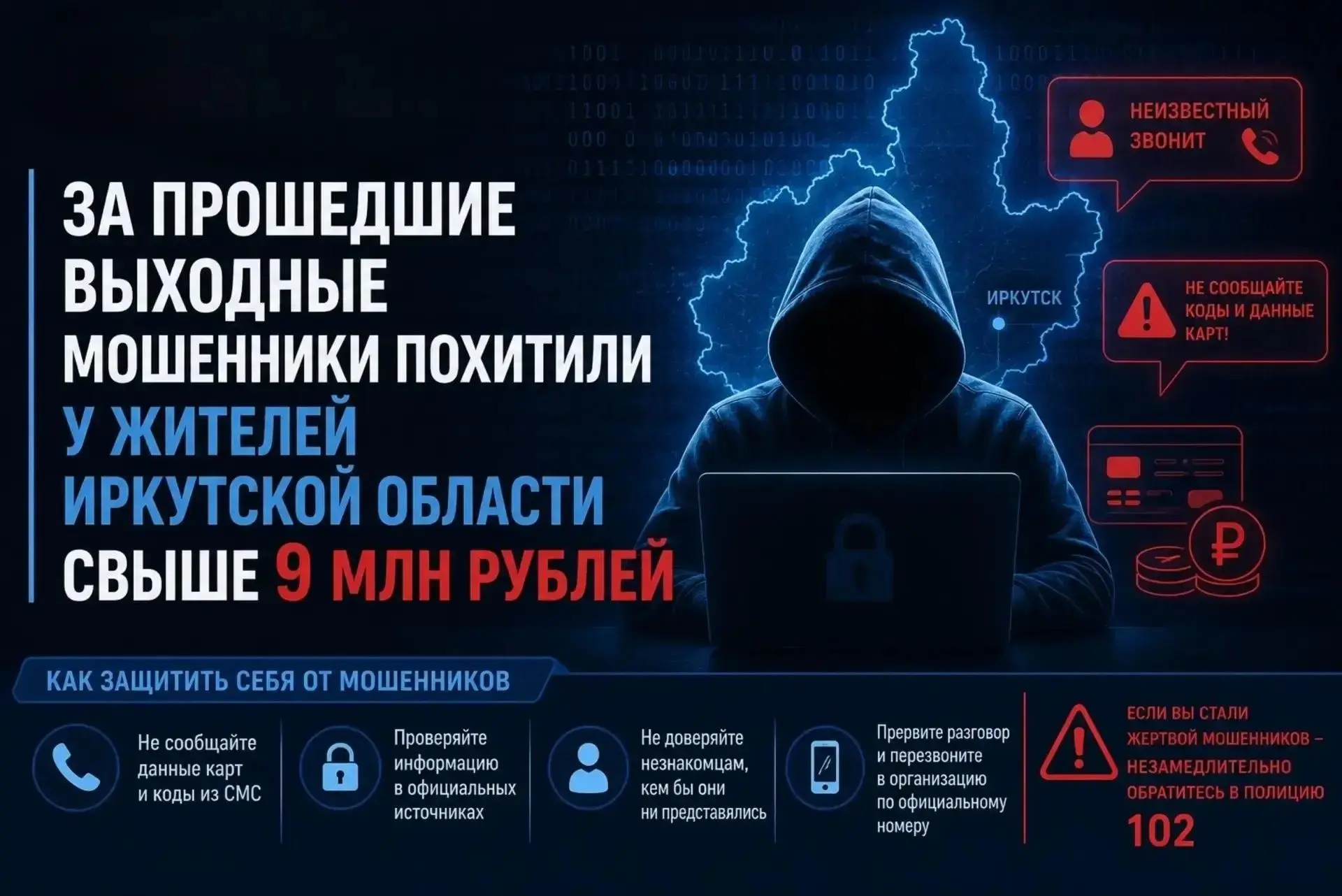 📌За прошедшие выходные мошенники похитили у жителей Иркутской области свыше 9 млн рублей 

Наибольш