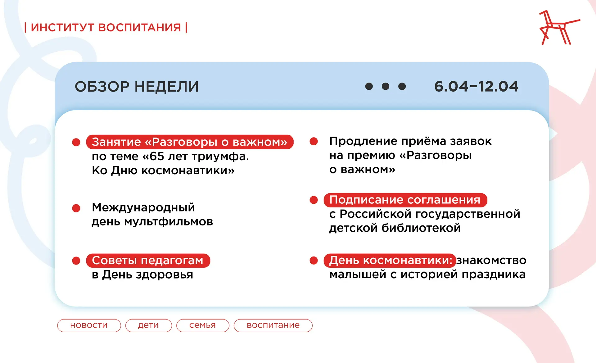Обзор недели:  📌 На занятии «Разговоры о важном» говорили о Дне космонавтики В карточках собрали воп