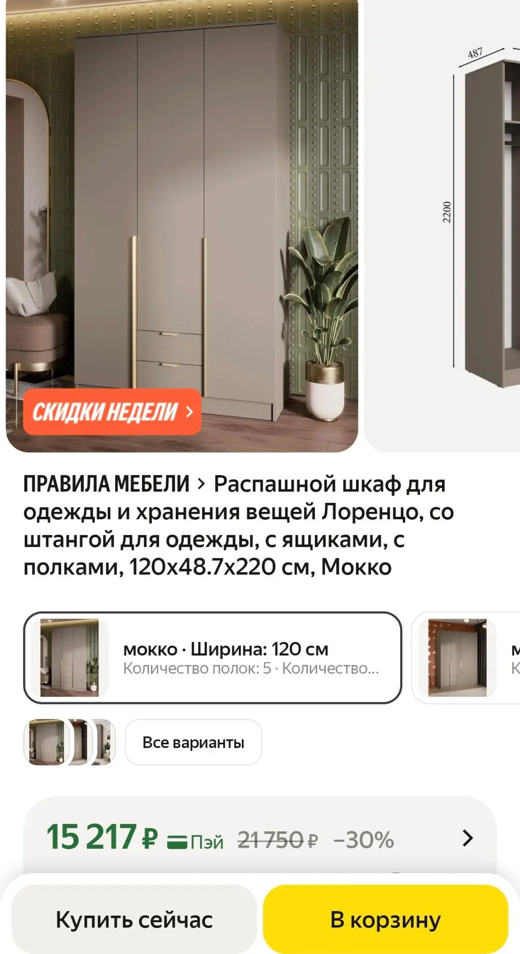Распашной шкаф для одежды и хранения вещей Лоренцо, со штангой для одежды, с ящиками, с...
