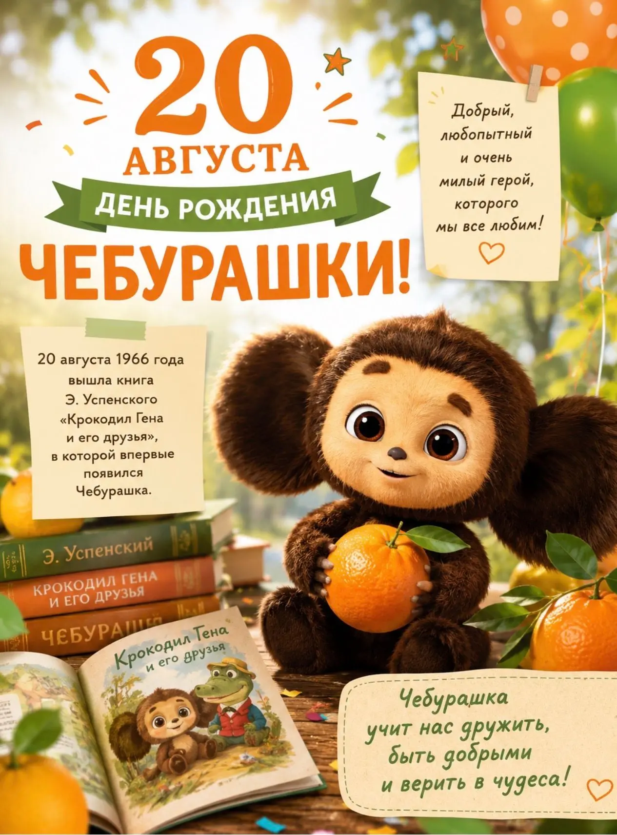 🍊 20 августа — День рождения Чебурашки