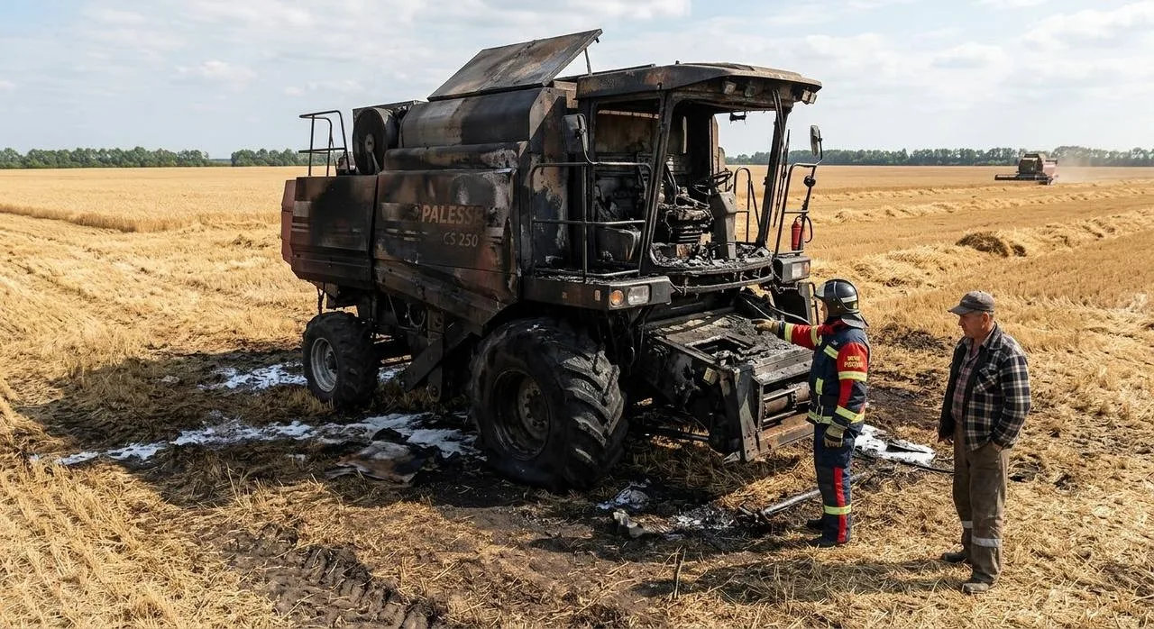 🚜🔥 В Алтайском крае во время полевых работ сгорели два комбайна