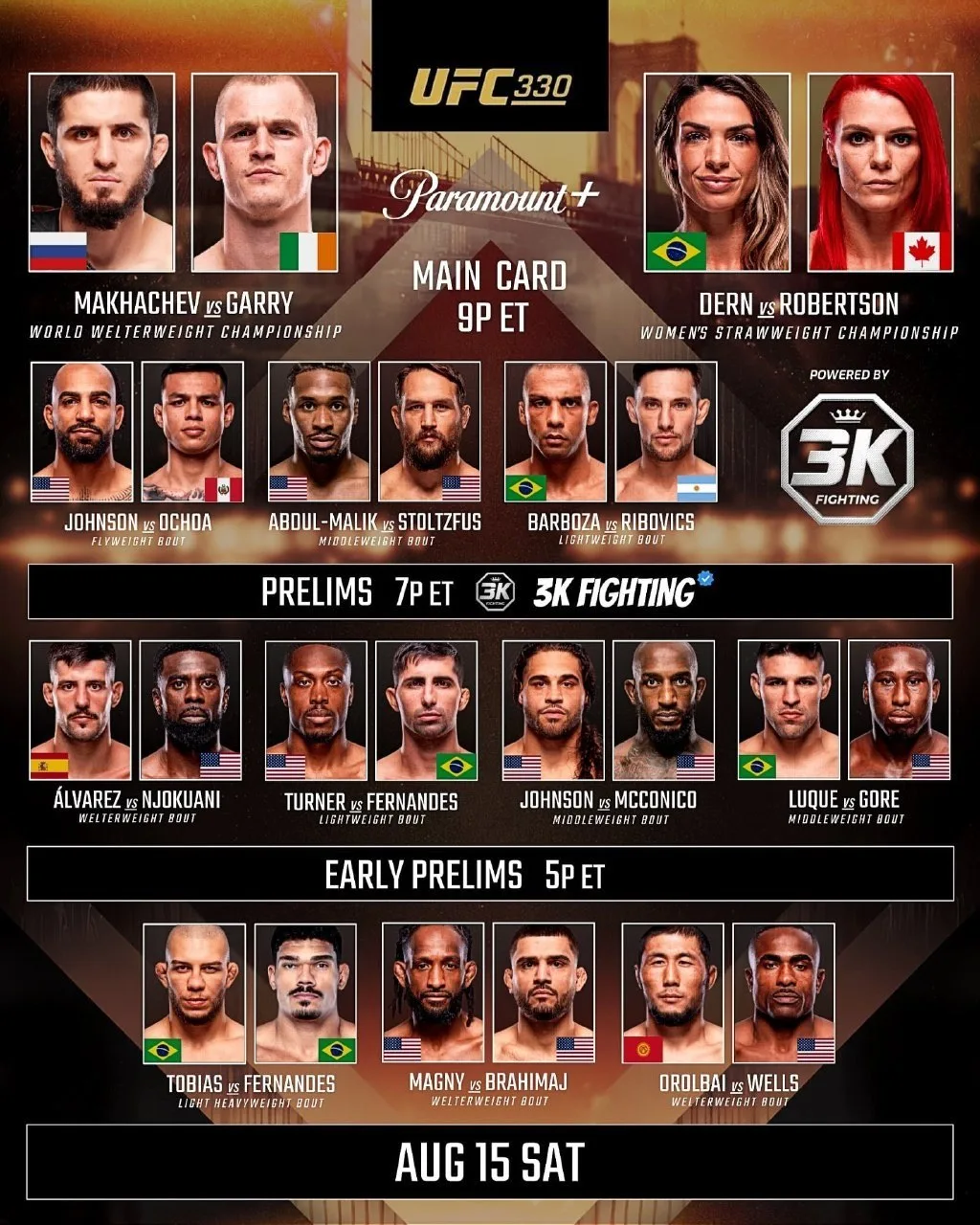 🧨 #UFC330 • 16 августа в 00:30 (мск) • Главный кард в 04:00 (мск)
